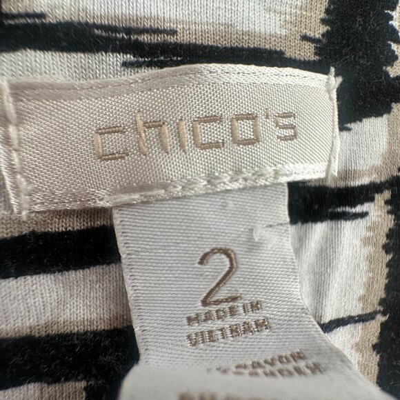 Chico's Tunic Top Ikat Print Black White Red 3/4th Sleeves‎ Size 2 (Large) Rayon - Picture 2 of 10